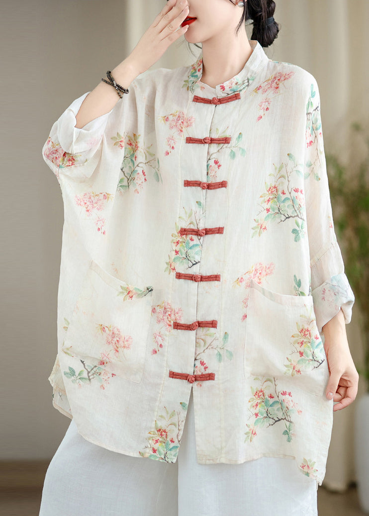 Fine White Oversized Print Linen Oriental Cardigan Spring