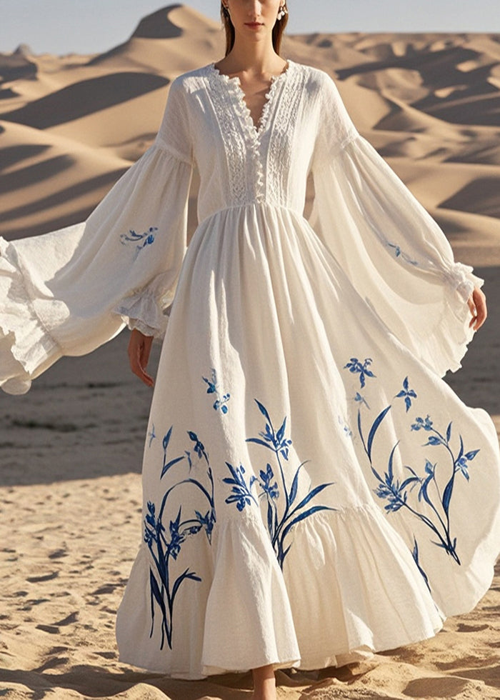 Fine White V Neck Print Cotton Party Dress Butterfly Sleeve