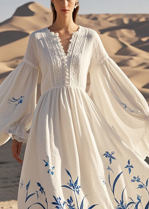 Fine White V Neck Print Cotton Party Dress Butterfly Sleeve