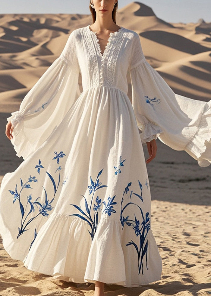 Fine White V Neck Print Cotton Party Dress Butterfly Sleeve