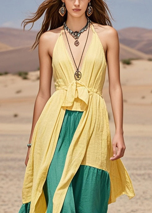 Fine Yellow Asymmetrical Patchwork Cotton Halter Dresses Summer