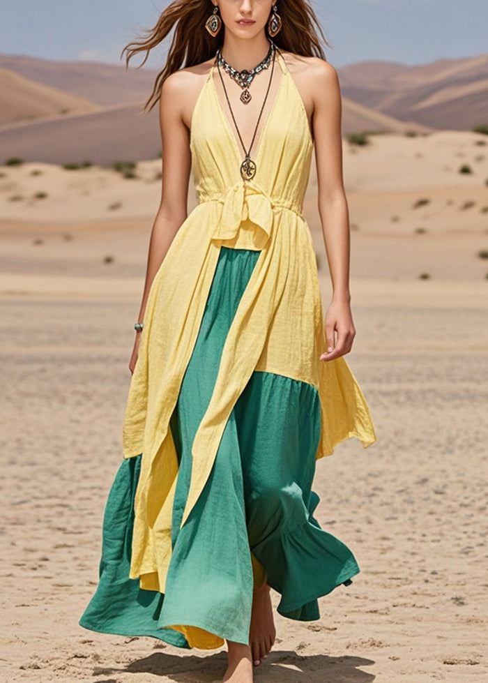 Fine Yellow Asymmetrical Patchwork Cotton Halter Dresses Summer