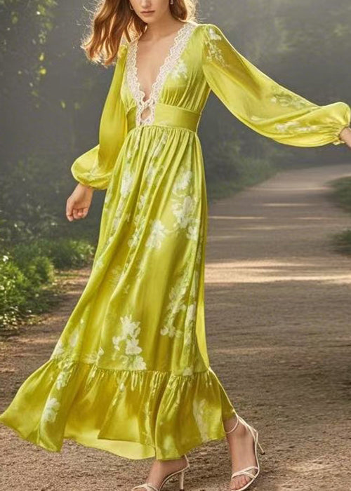 Fine Yellow Green V Neck Print Patchwork Silk Long Dress Spring