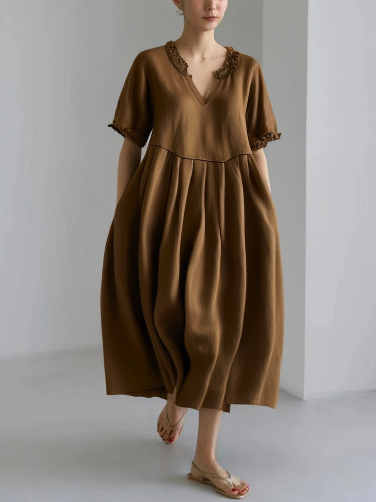 Fine Coffee V Neck Ruffled Patchwork Linen Dress Grace