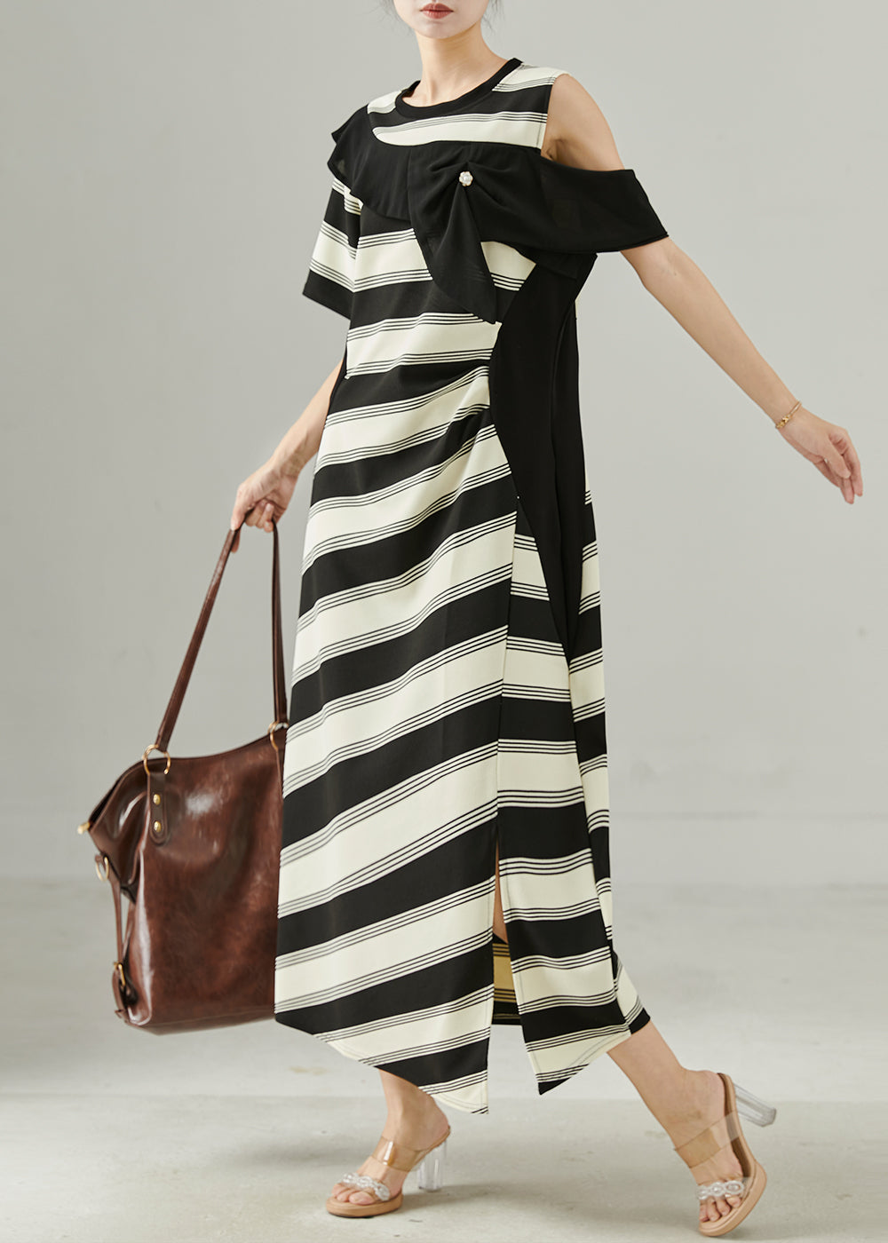 Fitted Asymmetrical Patchwork Striped Cold Shoulder Dress Summer