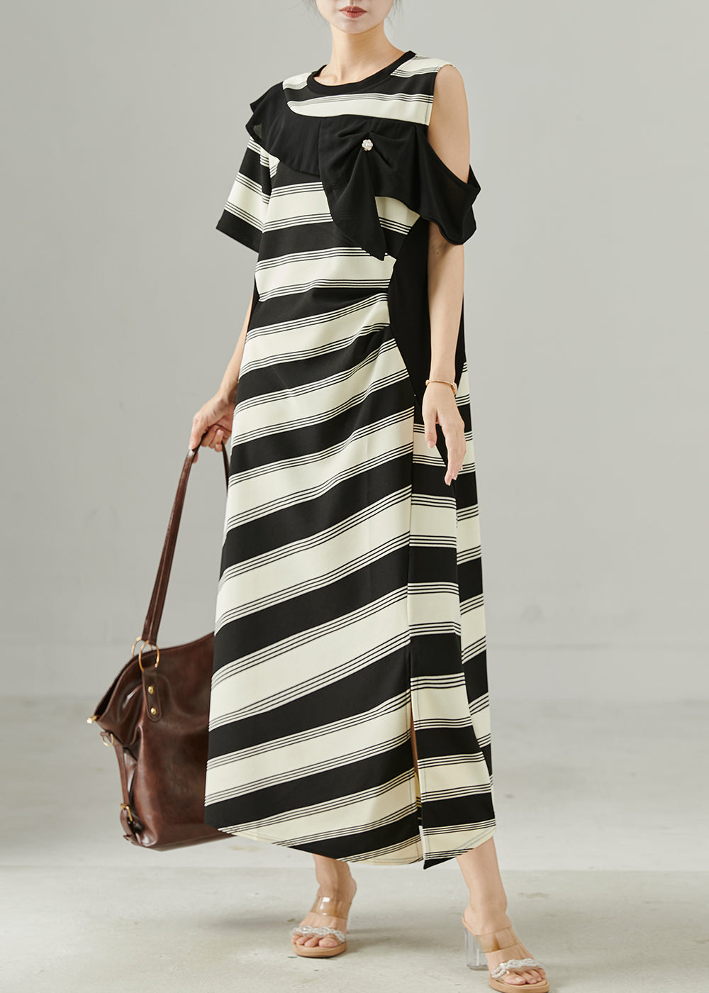 Fitted Asymmetrical Patchwork Striped Cold Shoulder Dress Summer