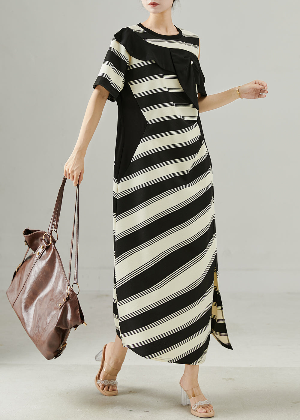 Fitted Asymmetrical Patchwork Striped Cold Shoulder Dress Summer