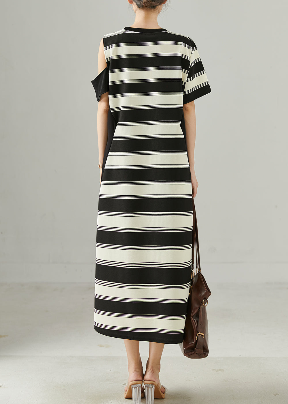 Fitted Asymmetrical Patchwork Striped Cold Shoulder Dress Summer