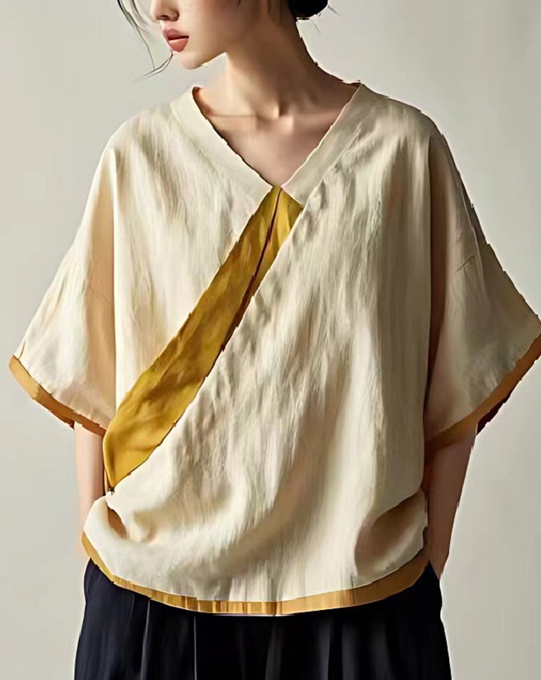 Fitted Beige V Neck Patchwork Linen Loose Blouses Summer