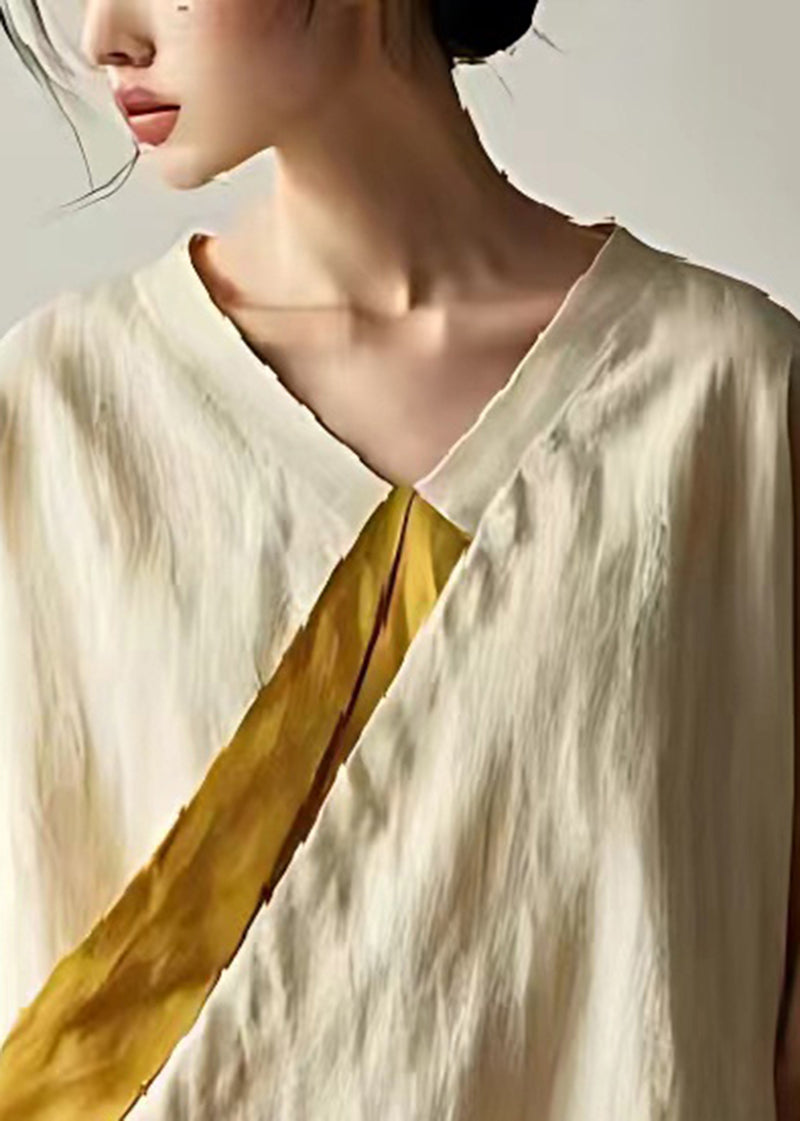 Fitted Beige V Neck Patchwork Linen Loose Blouses Summer