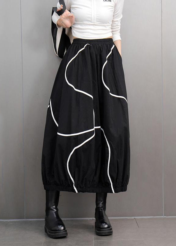 Fitted Black Elastic Waist Striped Lantern Skirts Spring