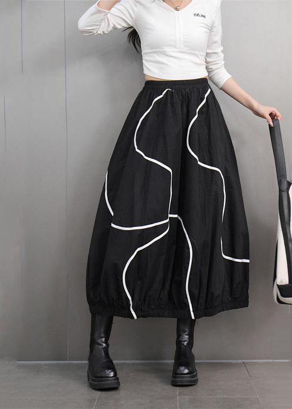 Fitted Black Elastic Waist Striped Lantern Skirts Spring