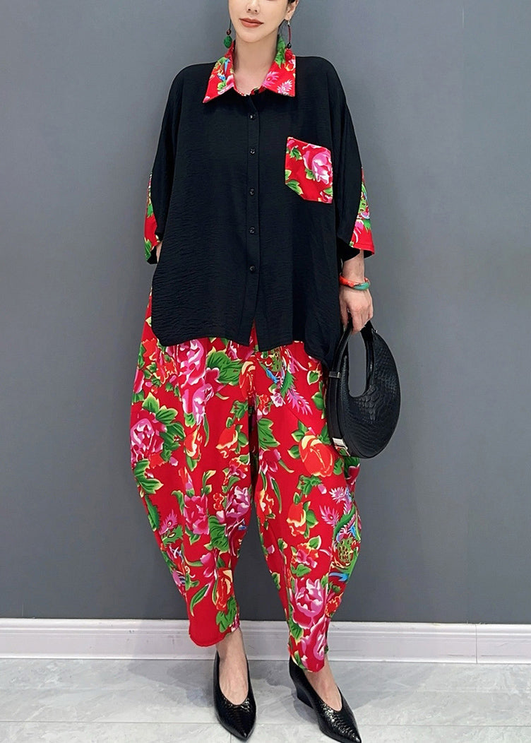 Fitted Black Peter Pan Collar Print Patchwork Button Shirts And Harem Pants Two Pieces Set Long Sleeve