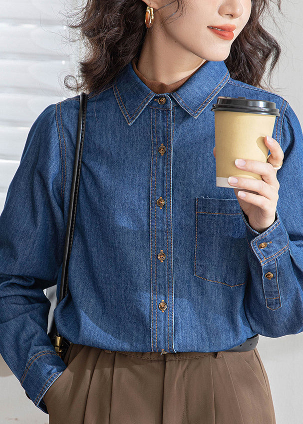 Fitted Blue Peter Pan Collar Button Denim Shirt Spring