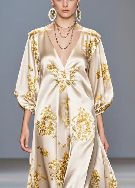 Fitted Champagne Oversized Print Silk Maxi Dress Bracelet Sleeve