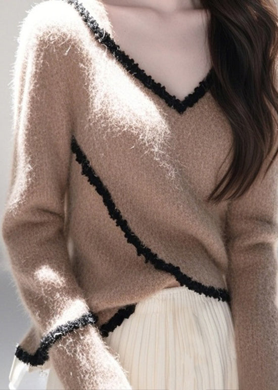 Fitted Coffee V Neck Lace Patchwork Knit Pullover Spring