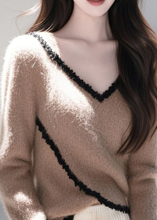 Fitted Coffee V Neck Lace Patchwork Knit Pullover Spring