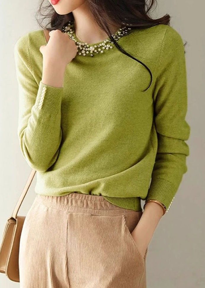 Fitted Green O Neck Nail Bead Cashmere Knit Shirts Spring