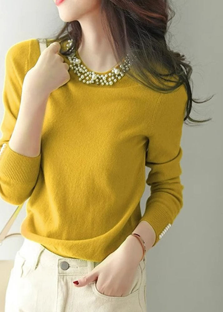 Fitted Green O Neck Nail Bead Cashmere Knit Shirts Spring