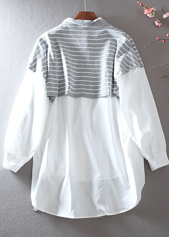 Fitted Grey Striped Patchwork Knit Fake Two Piece Shirt Spring