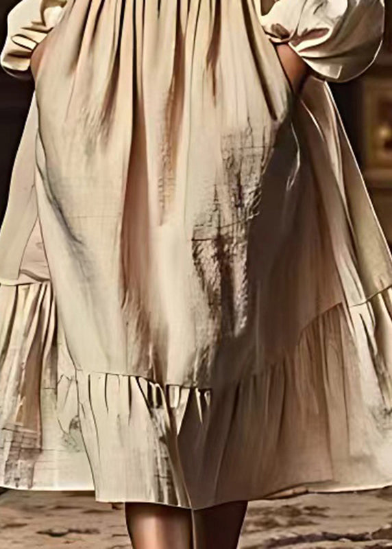 Fitted Khaki Oversized Patchwork Linen Maxi Dresses Fall