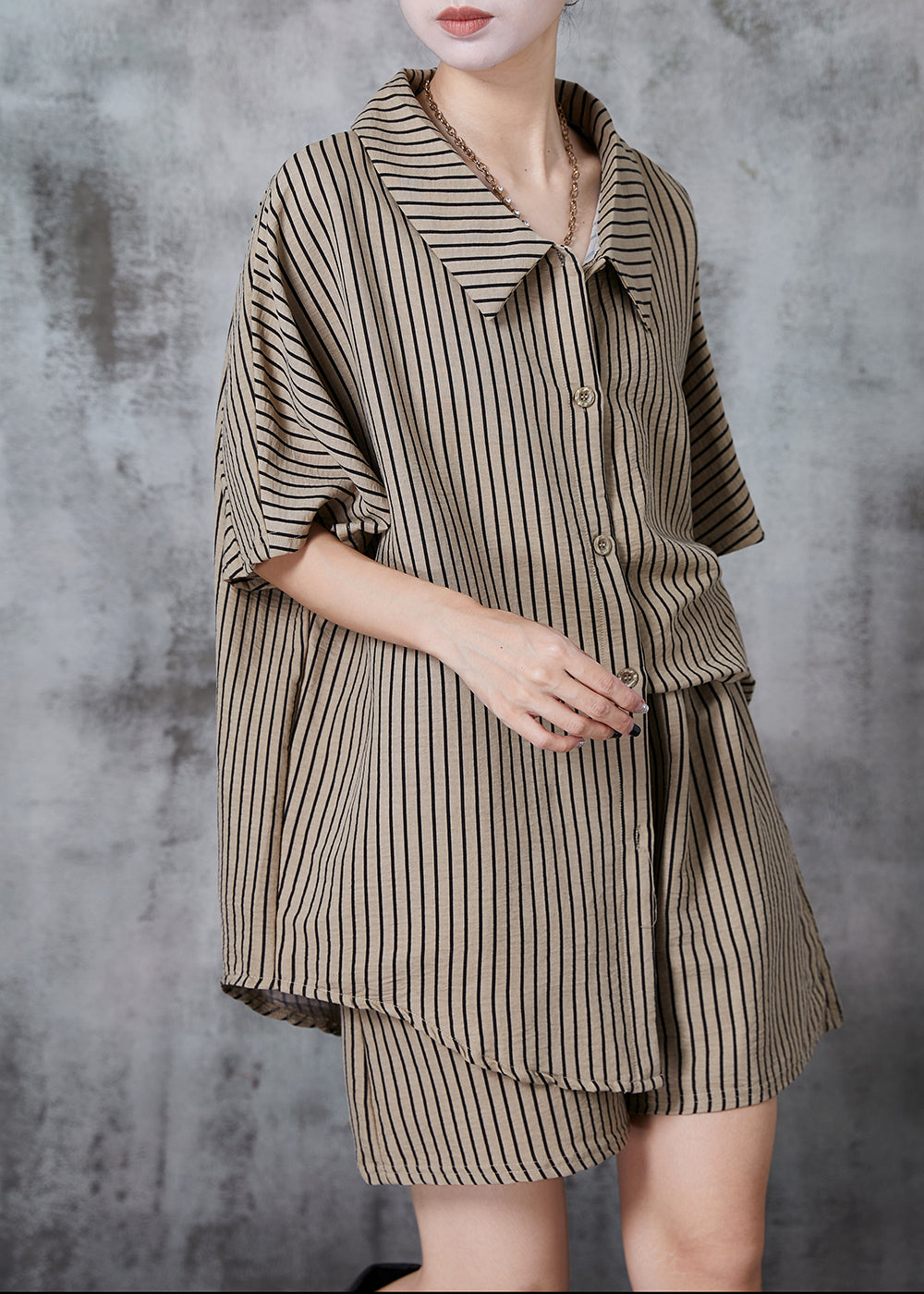 Fitted Khaki Oversized Striped Cotton Two Pieces Set Summer