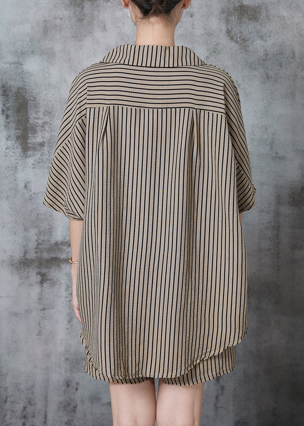 Fitted Khaki Oversized Striped Cotton Two Pieces Set Summer