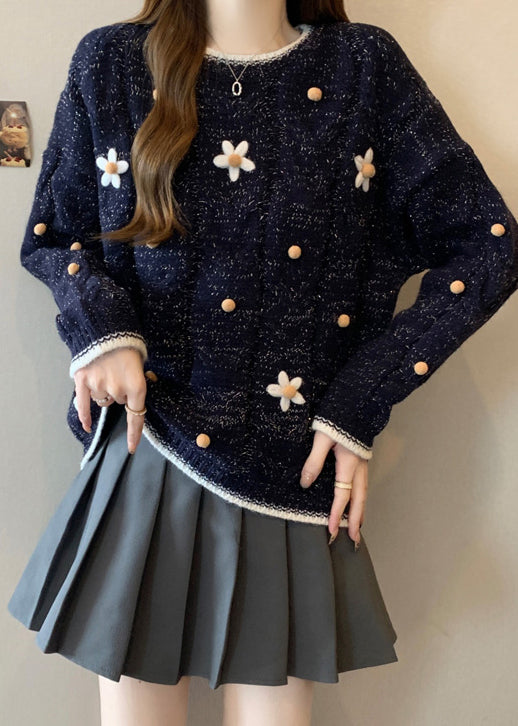 Fitted Navy O-Neck Embroidered Knit Short Sweater Winter