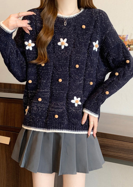 Fitted Navy O-Neck Embroidered Knit Short Sweater Winter