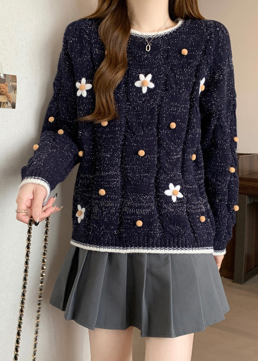 Fitted Navy O-Neck Embroidered Knit Short Sweater Winter