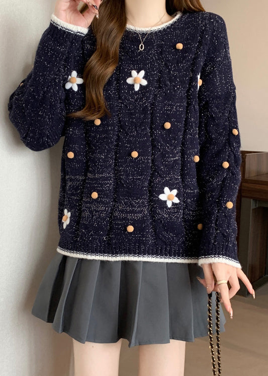 Fitted Navy O-Neck Embroidered Knit Short Sweater Winter