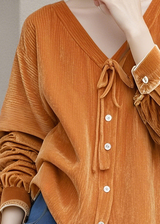 Fitted Orange V Neck Lace Up Silk Velour Shirt Fall