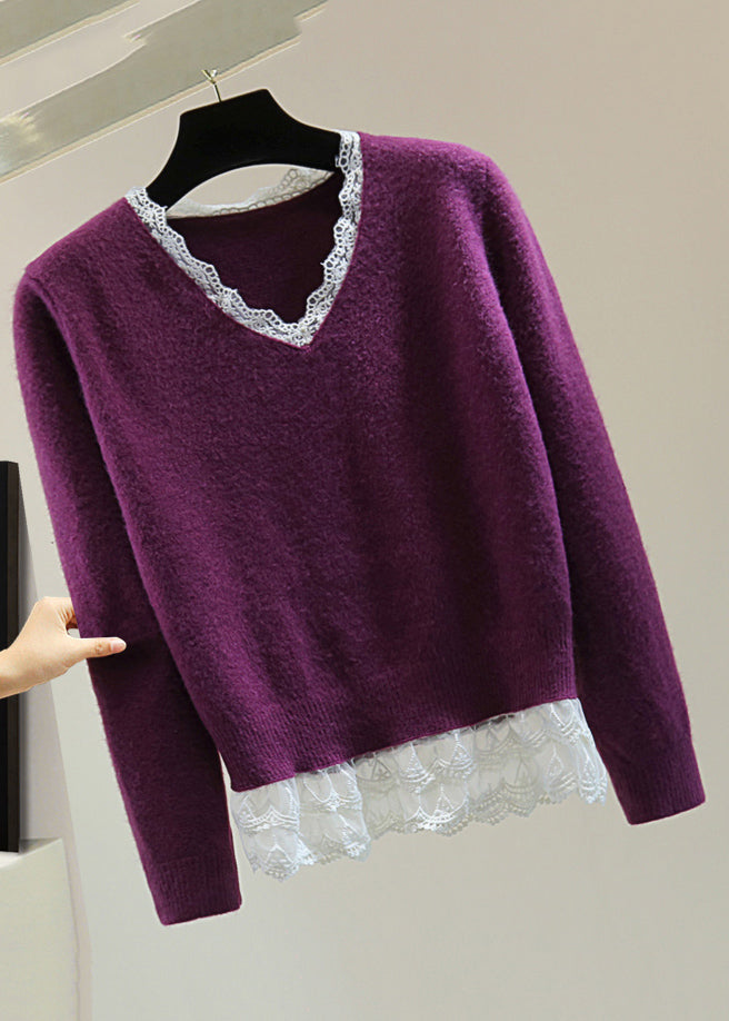 Fitted Purple V Neck Lace Patchwork Cotton Knit Sweater Winter