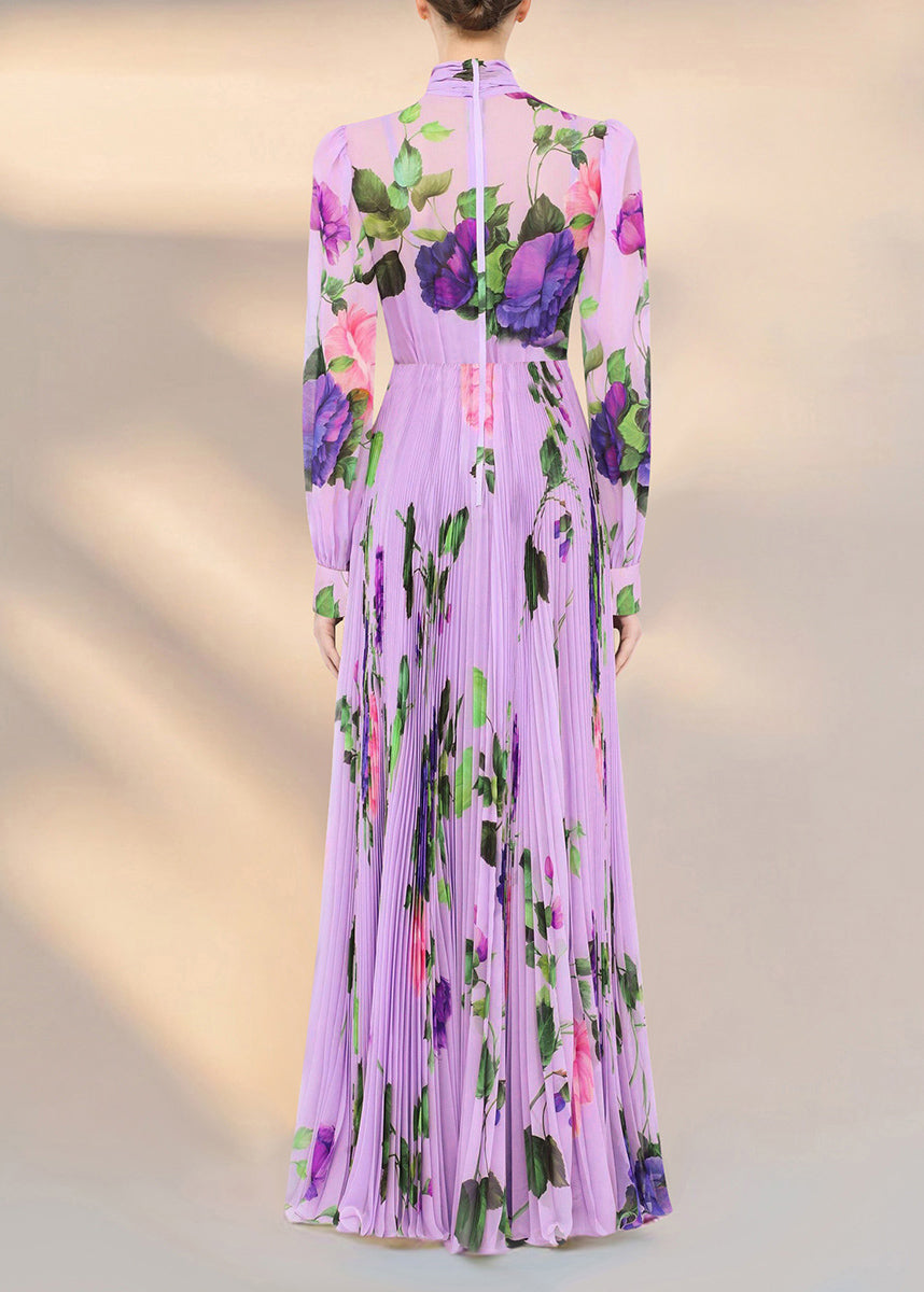 Fitted Purple V Neck Print Lace Up Wrinkled Silk Maxi Dresses Spring