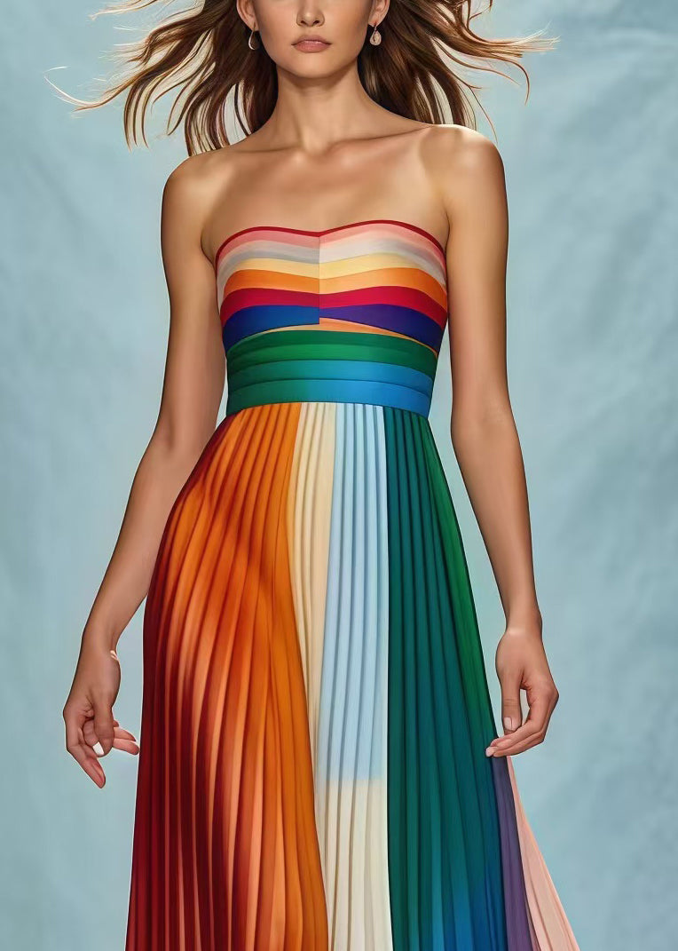 Fitted Rainbow Patchwork Wrinkled Chiffon Strapless Dress Summer