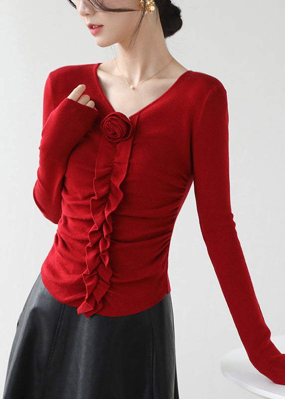 Fitted Red V Neck Ruffled Floral Knit Top Spring