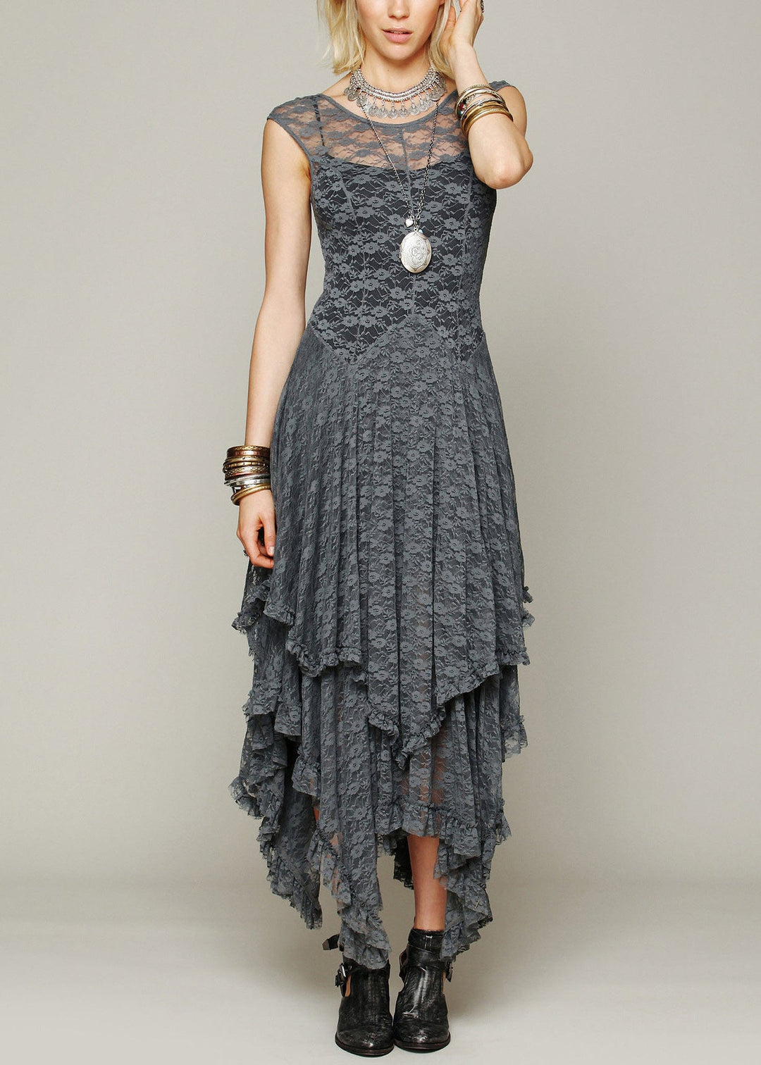 Fitted Rose Asymmetrical Hollow Out Lace Long Dress Summer