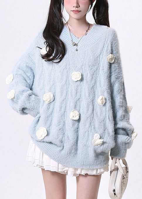 Fitted Sky Blue Cold Shoulder Floral Knit Pullover Spring