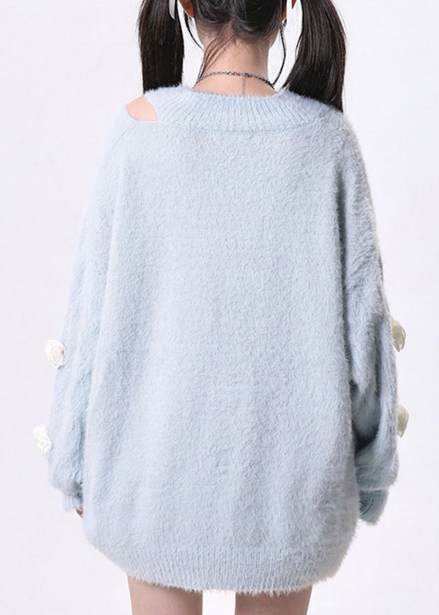 Fitted Sky Blue Cold Shoulder Floral Knit Pullover Spring