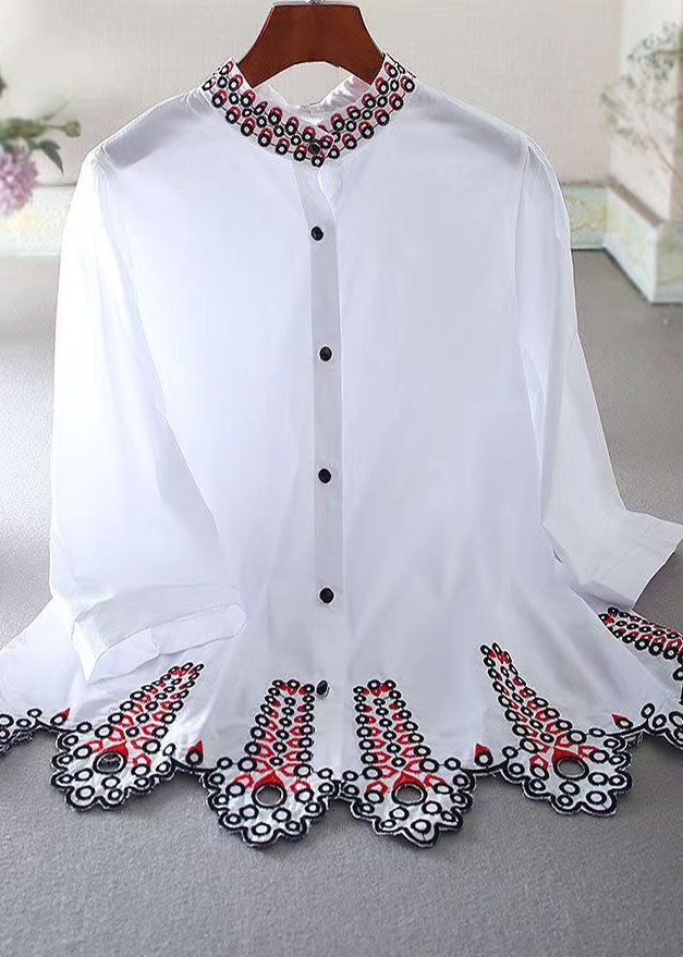 Fitted White Embroidered Hollow Out Cotton Blouses Spring