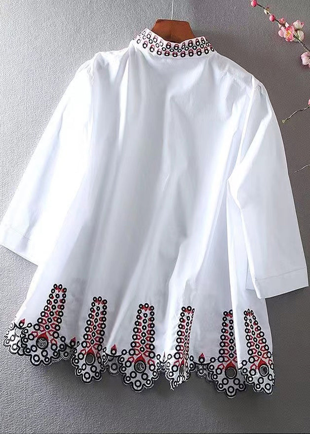 Fitted White Embroidered Hollow Out Cotton Blouses Spring