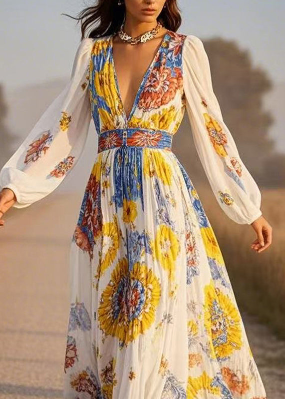 Fitted White V Neck Print Chiffon Maxi Dress Spring