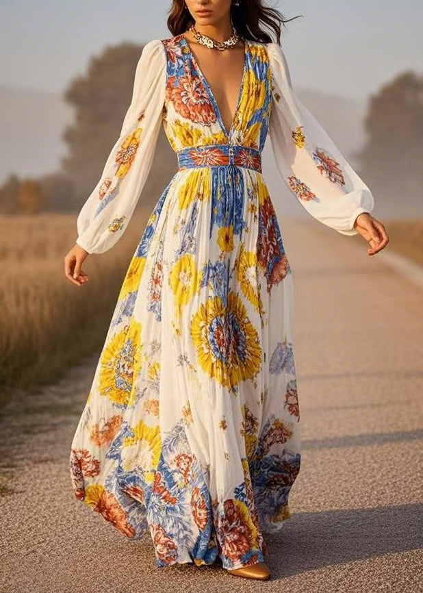 Fitted White V Neck Print Chiffon Maxi Dress Spring