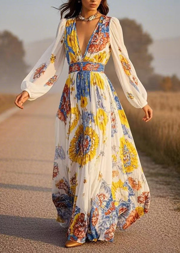 Fitted White V Neck Print Chiffon Maxi Dress Spring