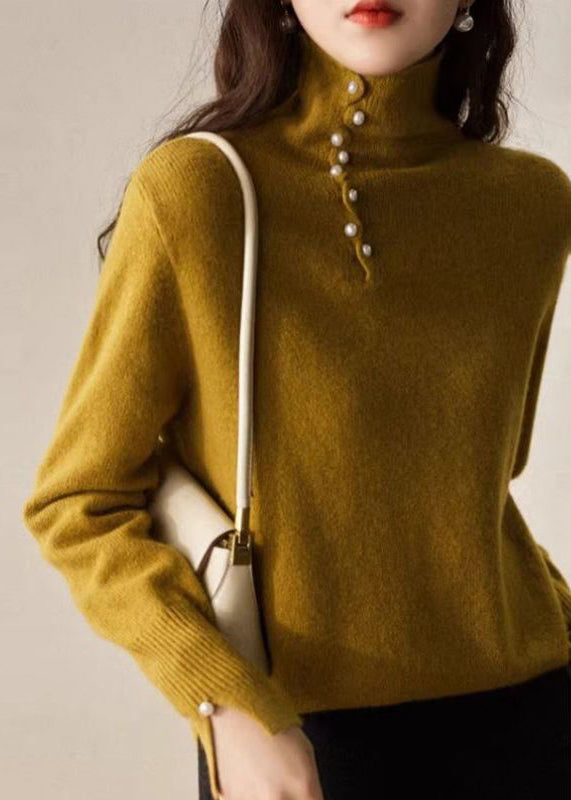 Fitted Yellow Hign Neck Bead Button Woolen Sweater Spring