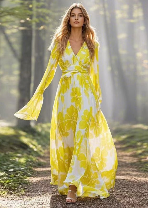 Fitted Yellow V Neck Print Chiffon Vacation Dresses Flare Sleeve