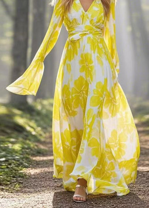 Fitted Yellow V Neck Print Chiffon Vacation Dresses Flare Sleeve