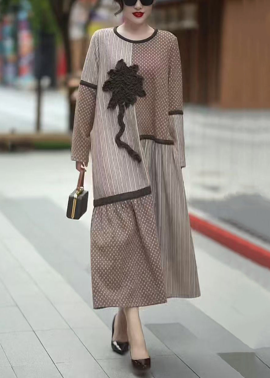 Floral Beige Asymmetrical Patchwork Long Dresses Winter