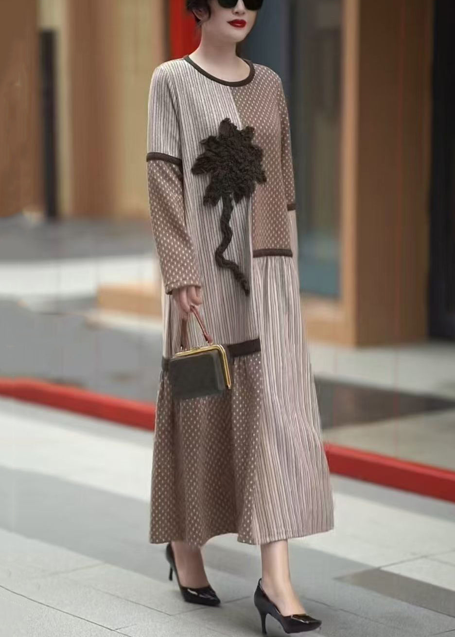 Floral Beige Asymmetrical Patchwork Long Dresses Winter