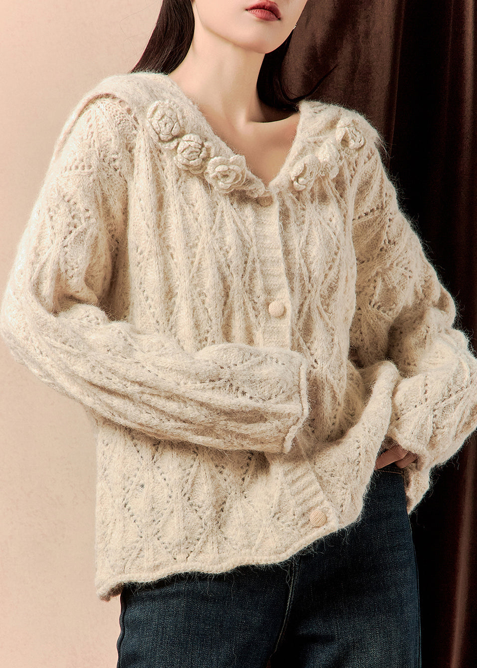 Floral Beige Button Hollow Out Knit Sweaters Spring